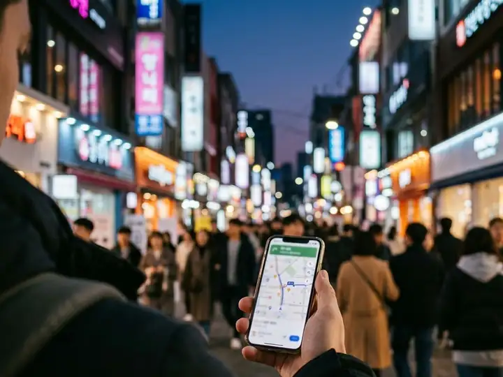 A traveler following a map app on a busy Seoul shopping street at dusk