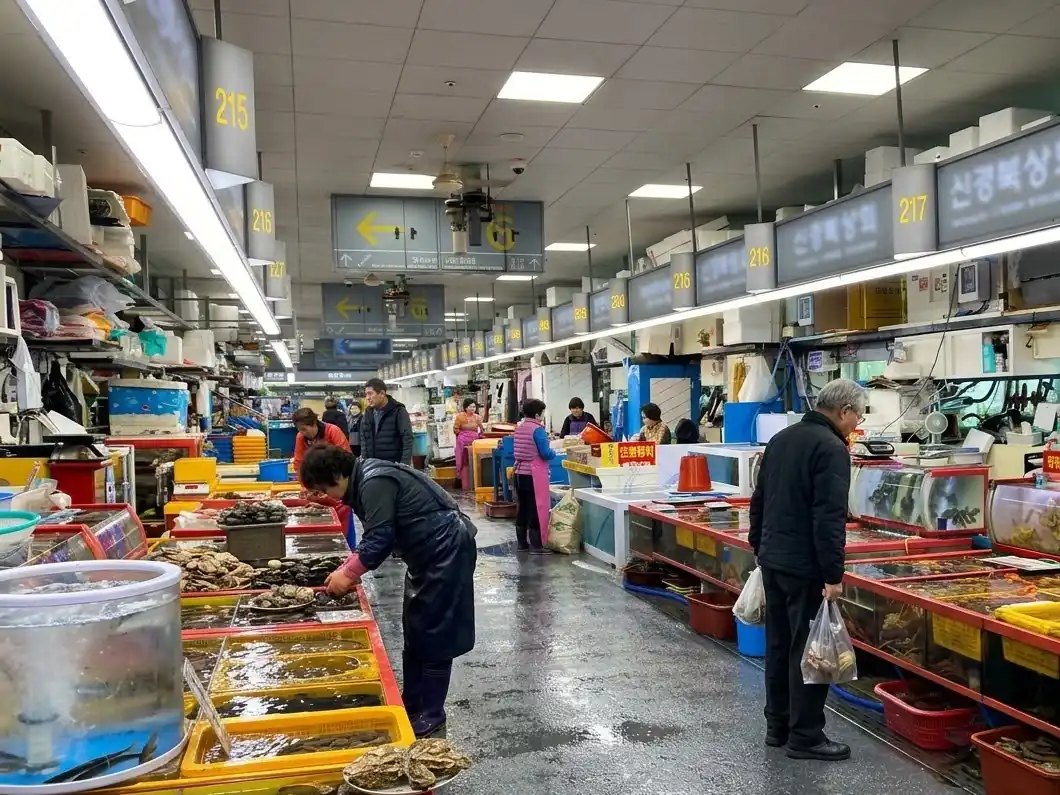 にぎやかな市場の通路に並ぶ魚の店と水槽