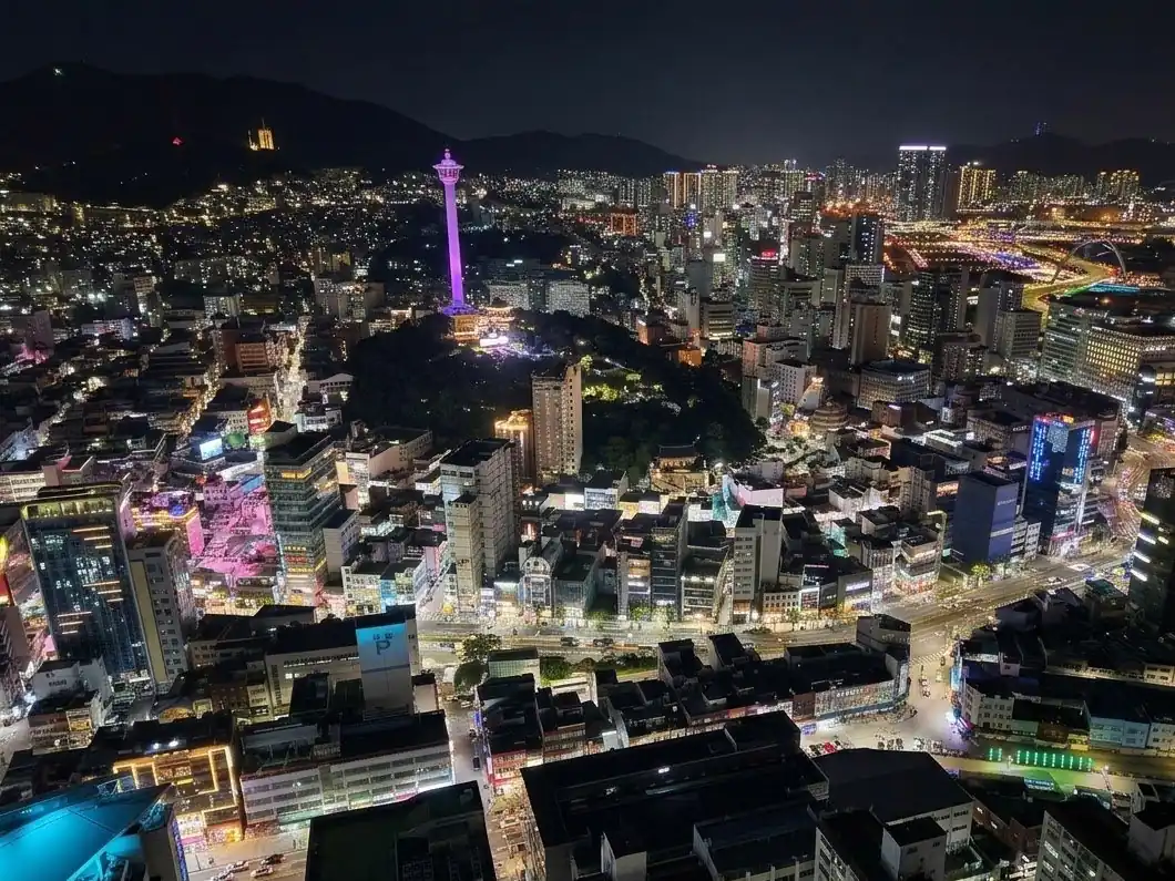 山の斜面に広がる夜の街とライトアップされた釜山タワー