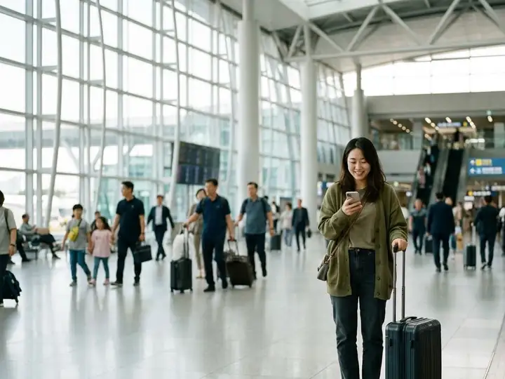 A traveler with a suitcase smiling at her phone in the Incheon Airport arrivals hall