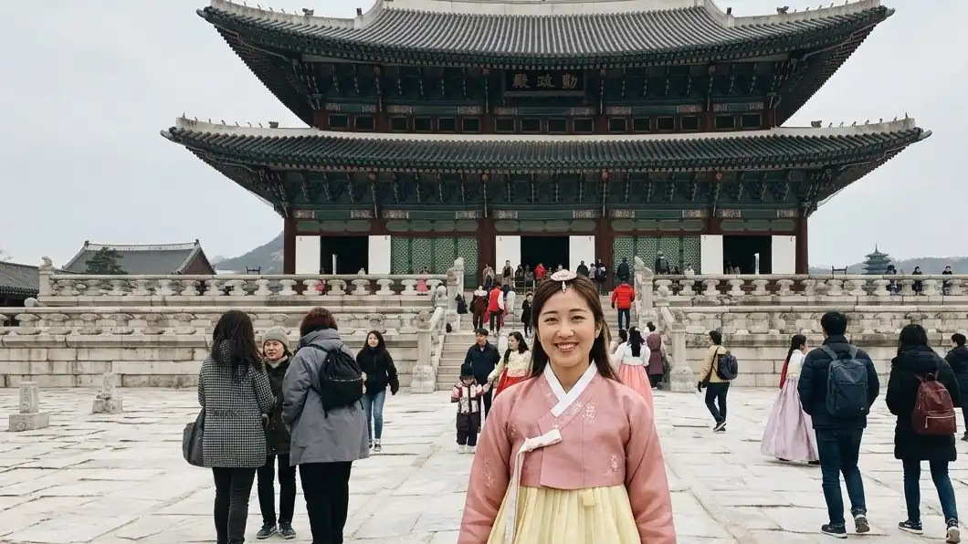 A smiling woman in a yellow and pink hanbok in front of Gyeongbokgung's main hall