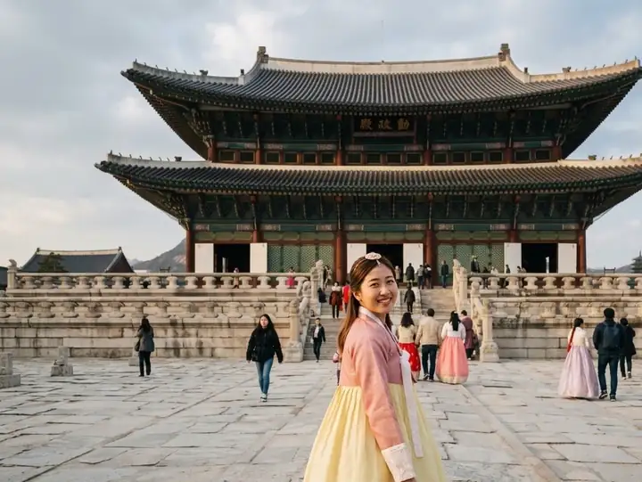 A smiling woman in a yellow and pink hanbok in front of Gyeongbokgung's main hall