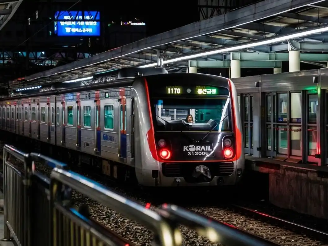 A Korail train arriving at a station at night