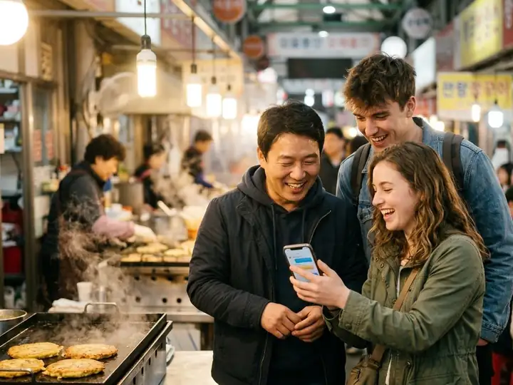 A Korean local and two travelers laughing over a translation app at a Seoul market stall