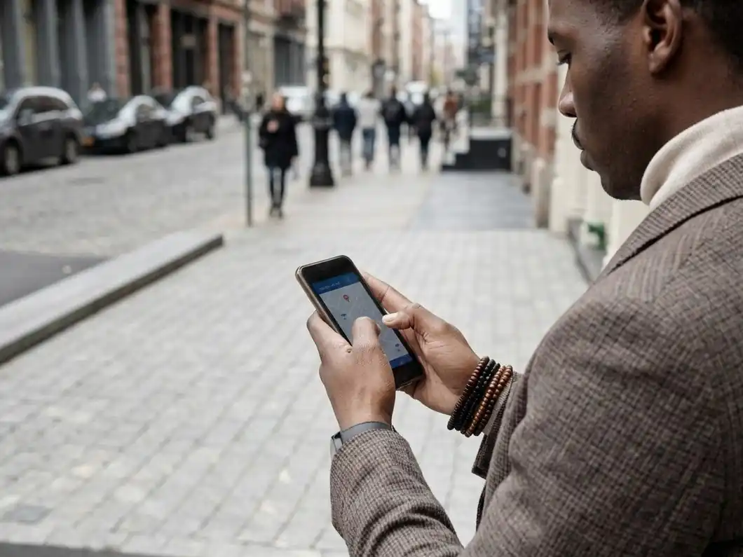 A traveler checking a map app on a smartphone in the street