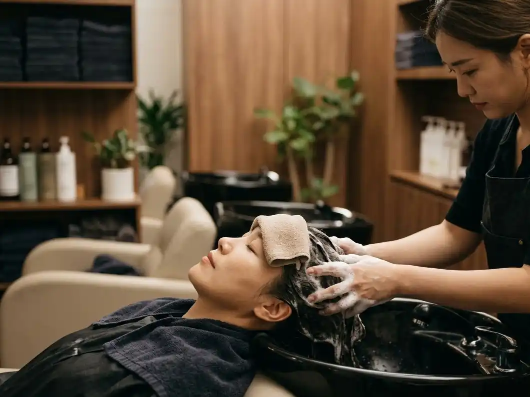 A woman relaxing during a head spa at a Korean hair salon