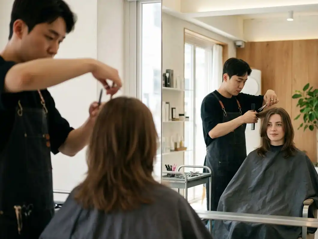 A Korean stylist giving a layered cut to a traveler in a bright Seoul salon