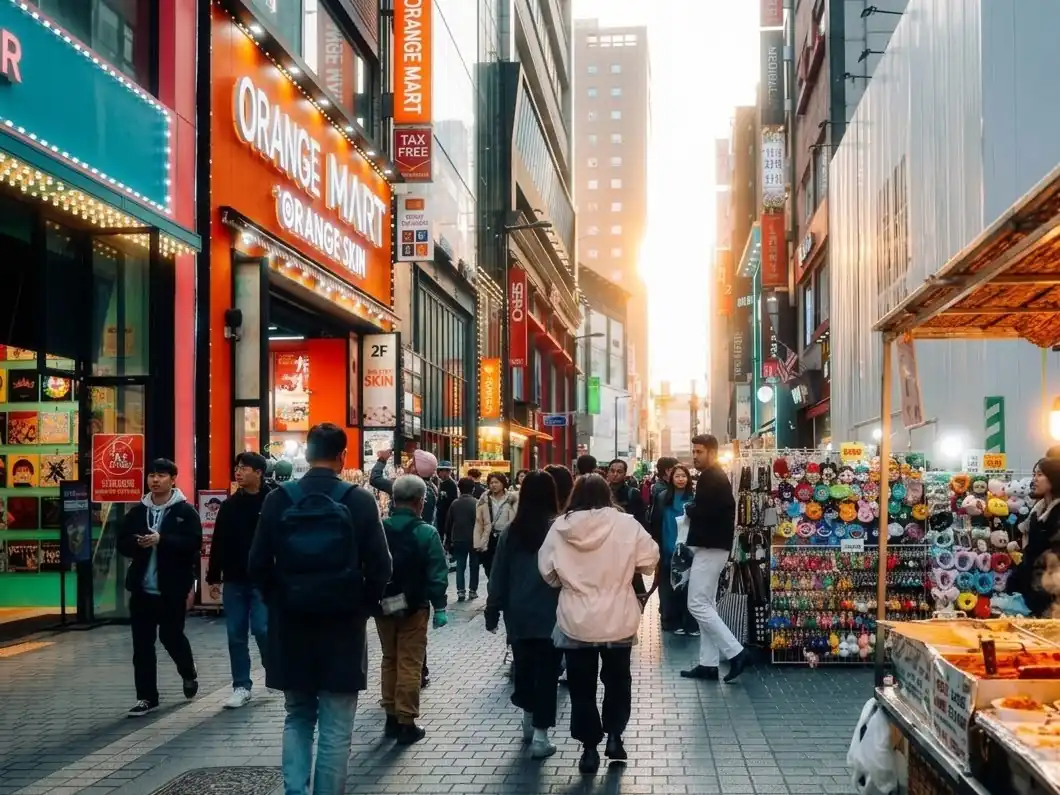 Shoppers and street-food stalls on Myeongdong's main shopping street