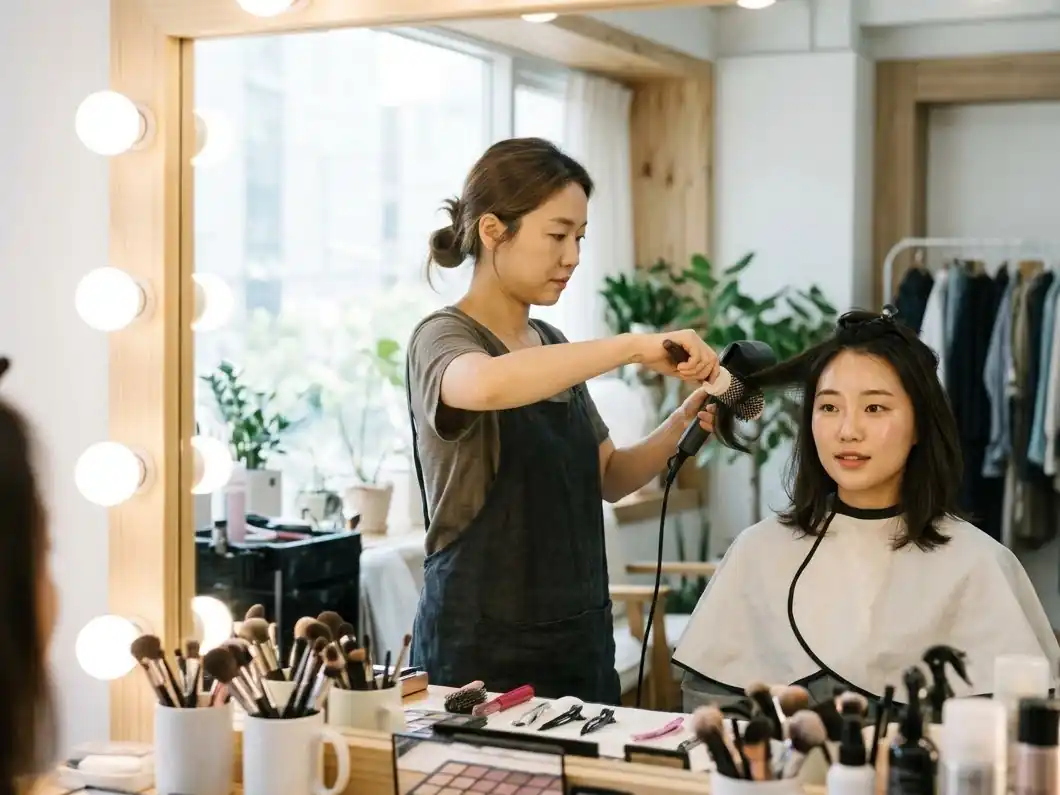 A stylist curling a woman's hair at a vanity mirror before a studio shoot