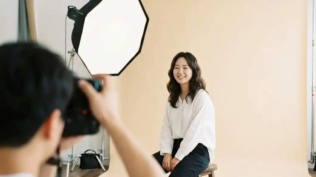 A Korean woman posing on a stool against a beige backdrop in a Seoul photo studio