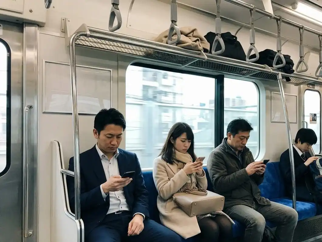 전철 안에서 휴대폰을 보는 사람들