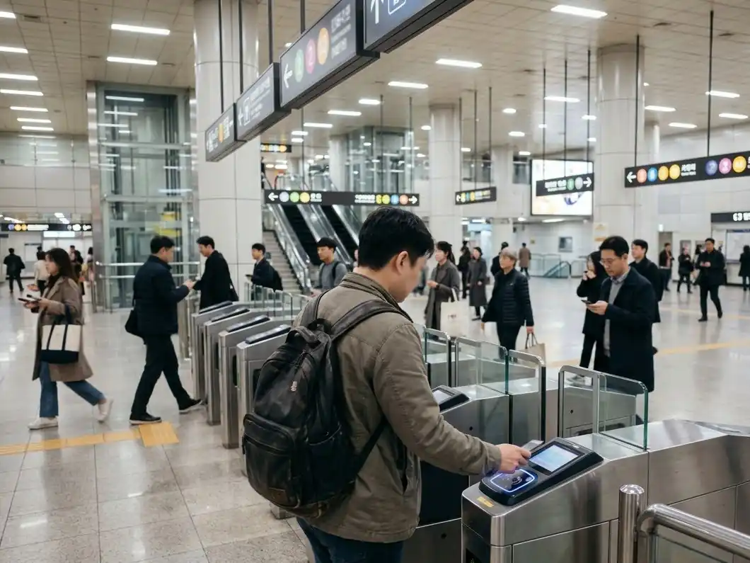 A traveler tapping a transit card at the gates of a Seoul subway station