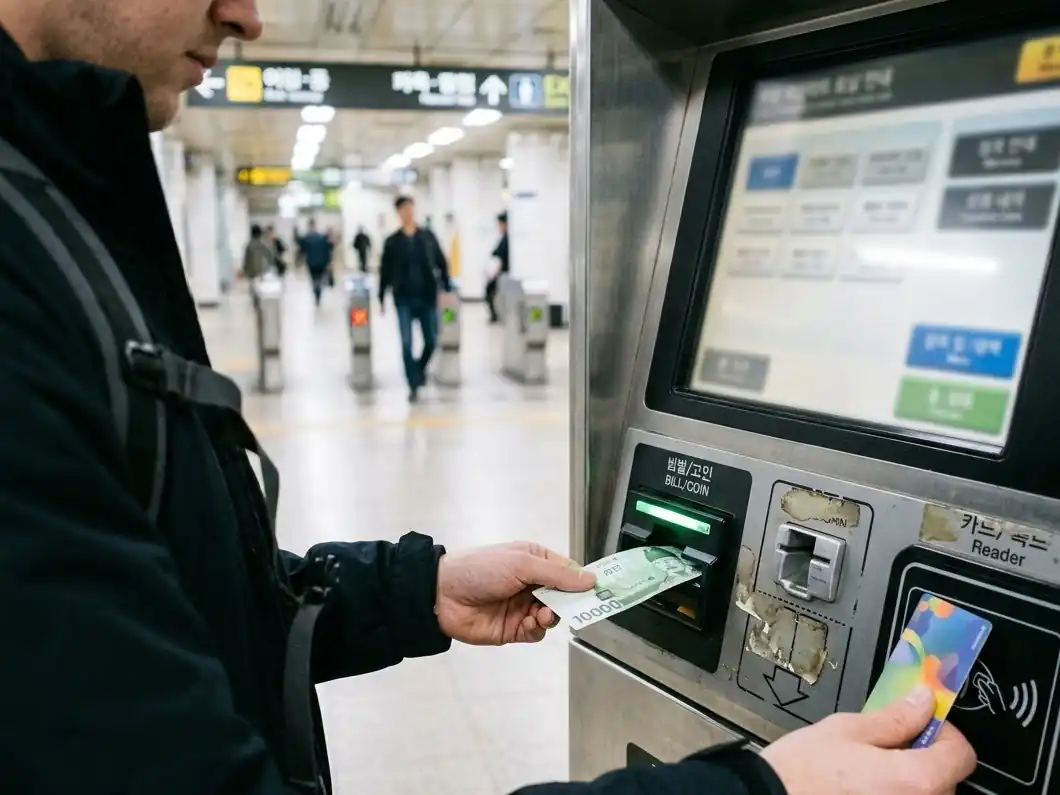 A traveler topping up a transit card with cash at a Seoul subway machine